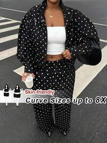 SHEIN CURVE+ 女款時尚休閒波點印花拉鍊外套與長褲兩件套 秋季 - 黑色 - 查看 1