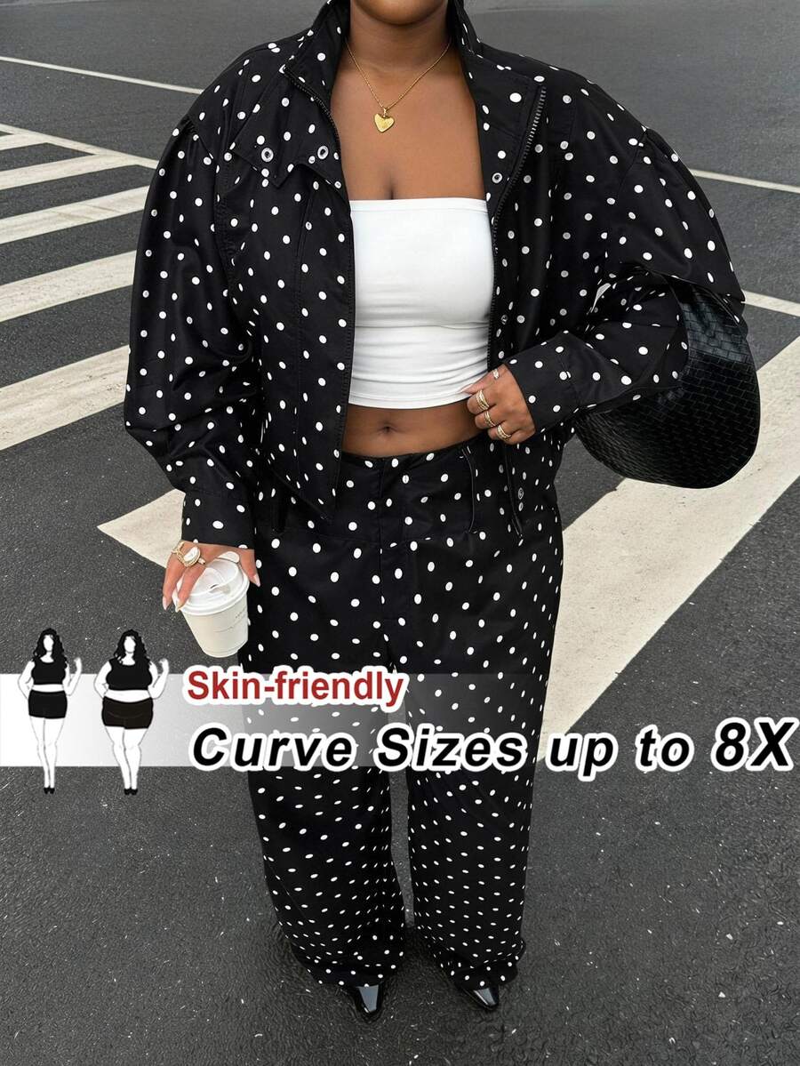 SHEIN CURVE+ 女款時尚休閒波點印花拉鍊外套與長褲兩件套 秋季 - 黑色 - 查看 1