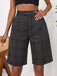 Aveloria Modichic Women's Plaid Straight Leg Shorts With Button Pockets And Zipper - Dark Grey - View 6