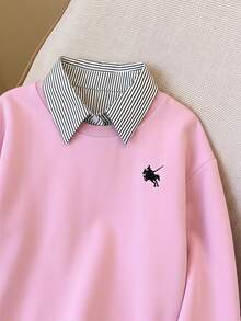 Resyla Women's Minimalist Daily Striped Patchwork Long Sleeve 2 In 1 Sweatshirt - Pink - View 5