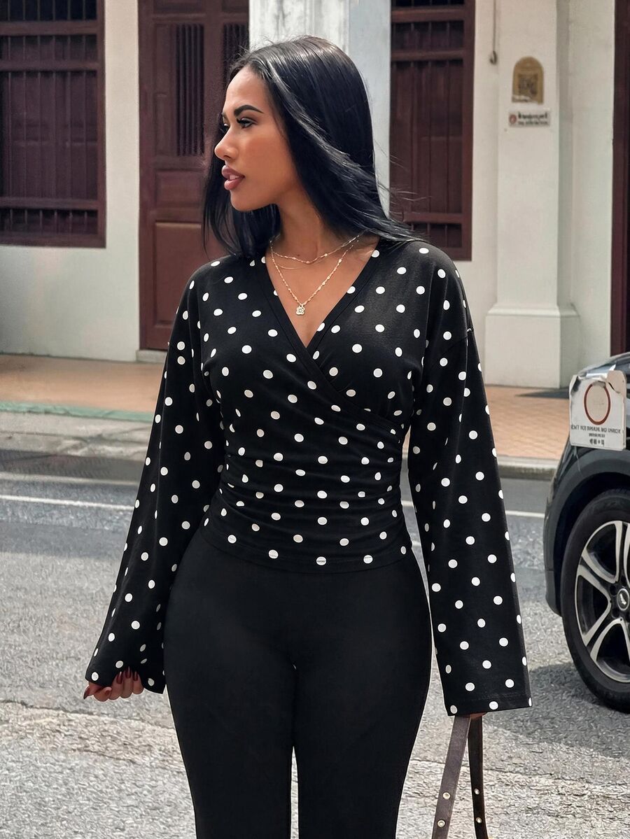 Slaydiva 女款波點V領休閒日常長袖T恤 - 黑色 - 查看 1