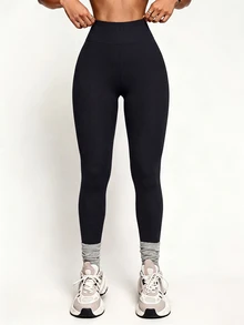 Easithlete Legging Bertekstur Bergaris Ukuran Besar, Pas Ketat, Mengangkat Bokong, Celana Olahraga Berkerut - Navy Blue - View 4