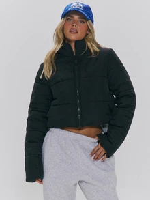 MUSERA High Funnel Neck Thick Padded Zip Through Front Puffer Style Jacket Fall Autumn Winter Daily Everyday Outerwear - Black - View 1