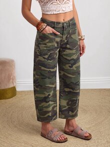 SHEIN PETITE 女款迷彩休閒日常牛仔褲，附口袋與鈕扣設計 - 軍綠色 - 查看 6