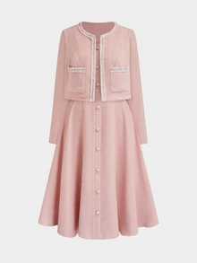 Sweetra Plus Size Women Solid Color Spaghetti Strap Dress And Long Sleeve Cardigan Set - Baby Pink - View 7