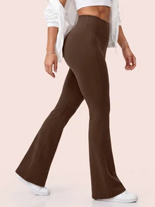 SHEIN Sovereign Charm Women's Minimalist Versatile Sports Flare Leggings For Fitness - Brown - View 3