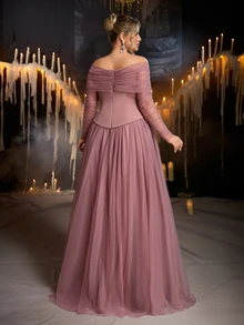 Glamrae Plus Size Elegant Fashionable Lotus Pink Knitted Mesh Patchwork Off-Shoulder Corset Style 2 In 1 A-Line Maxi Dress, Suitable For Prom, Wedding, Bridesmaid, Formal Evening Gown - Dusty Pink - View 2