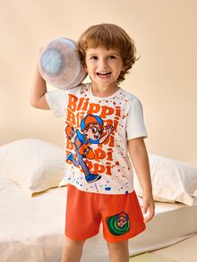 Blippi X SHEIN 小男孩圓領卡通角色印花T恤與短褲居家休閒套裝 - 橘色 - 查看 7