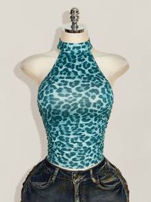SHEIN ICON Women's Leopard Print Slim Fit Versatile Daily Wear Halter Neck Top - Blue - View 3
