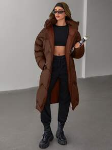 EURMUSE Women Solid Color Contrast WhiteColor Lining Detailed Long Winter Coats - Brown - View 3