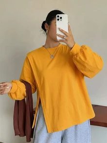 Dazy Plus 小圓領純色休閒百搭側開衩設計長袖白色春夏秋T恤 - 黃色 - 查看 4