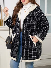 SHEIN Clasi 大尺碼女款格紋圖案簡約百搭拉鍊保暖內裡連帽夾克 - 黑色 - 查看 7