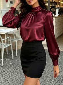 Cévolie Women's Elegant Burgundy Satin Long Sleeve Blouse With Stand Collar, Back Tie And Hollow Out Design, Suitable For Commuting Dinner Cocktail Summer - Burgundy - View 3