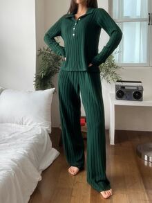 DAZY Women's Solid Color Long Sleeve Top And Pants Casual Daily Home Sleepwear Set - Coffee Brown - View 9
