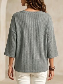 SHEIN Women's Grey V-Neck Ribbed Knit Loose Batwing 3/4 Sleeve Pullover Sweater, Suitable For Shopping, Travel, Daily Casual Wear In Autumn - Grey - View 2