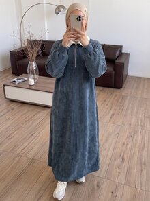 Solavon Women's Colorblock Lapel Zip Design Long Sleeve Arabian Dress - Blue - View 4
