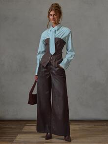 MUSERA Kemeja dengan Detail Ikat Pinggang dan Pinggang Ramping Warna Kontras untuk Musim Gugur dan Musim Dingin, Cocok untuk Sehari-hari, Kasual, untuk Acara Santai, Gaya Gadis Keren, Festival, dan Pesta. - Coklat - View 2