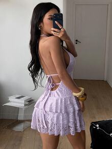 Coolane 女款蕾絲性感約會派對夏季掛脖迷你洋裝 - 淺粉色 - 查看 4
