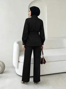 Celisse Women's Jacket And Wide Leg Pants Set Autumn - Black - View 2