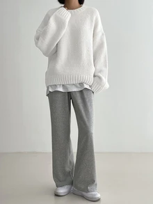 DAZY Women's Solid Color Round Neck Drop Shoulder Long Sleeve Casual Loose Sweater - White - View 5