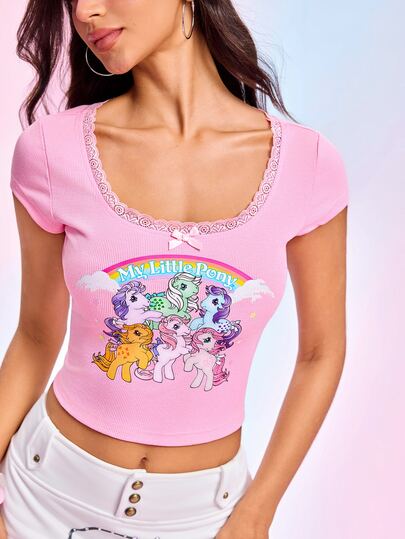 My Little Pony X SHEIN Camiseta Feminina de Manga Curta com Decoração de Laço e Renda em Contraste