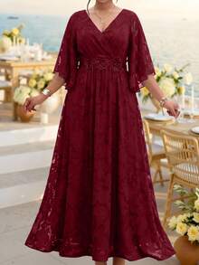 Fleurora Plus Size V-Neck Short Sleeve A-Line High Waist Dress - Burgundy - View 4