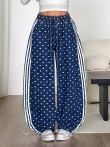 Muchica 女款休閒寬鬆弧形腿條紋牛仔褲，秋冬女裝，運動休閒百搭時尚牛仔褲，派對，秋季穿搭 - 藍色 - 查看 4