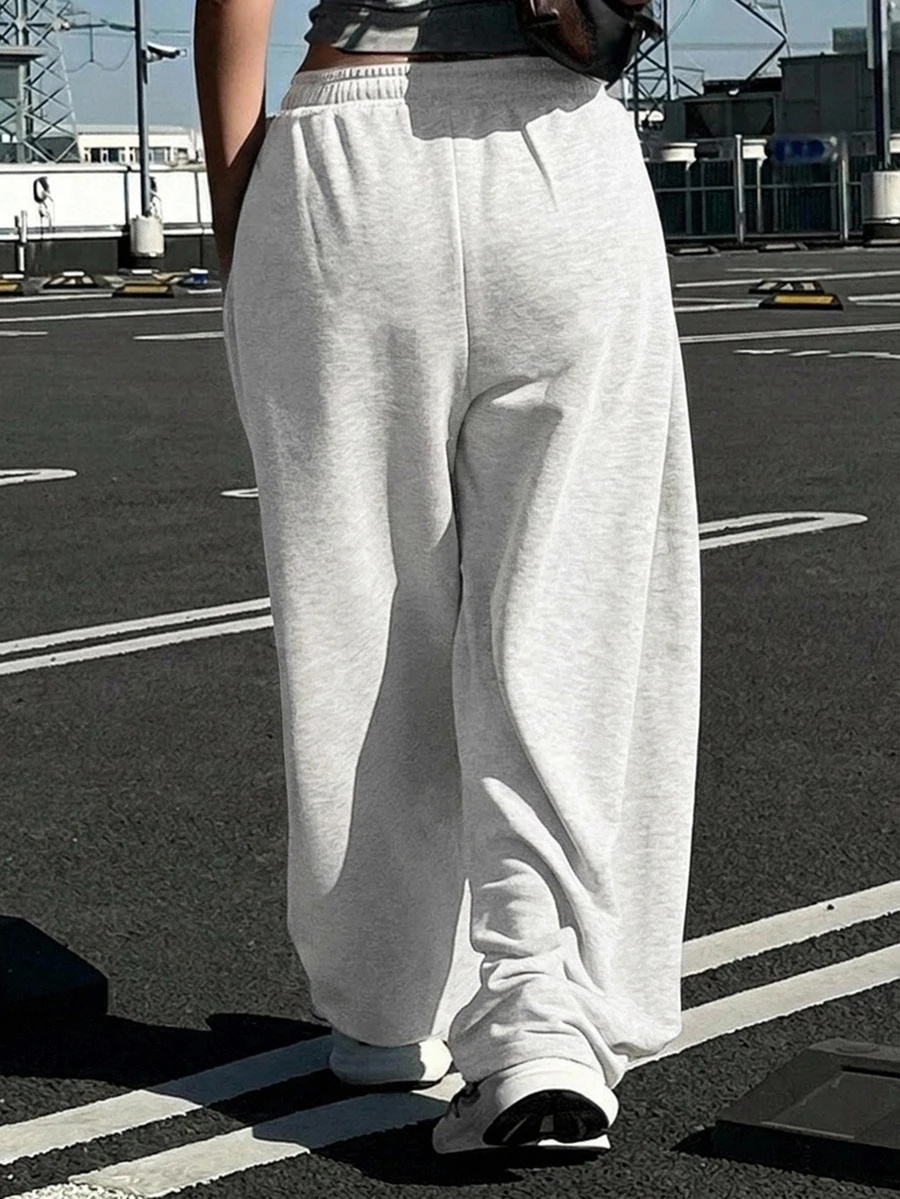 Dazy Plus 寬鬆針織運動衫布料彈性腰抽繩長款運動長褲四季款 - 淺灰色 - 查看 1