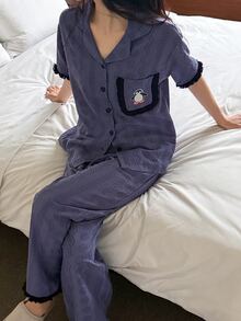DAZY Fog Blue Women's Summer Pajama Set, 2-Piece Set With Tassel Trim, Pocket, Penguin Print, Lapel Collar, Short Sleeve Cardigan And Long Pants - Blue - View 1