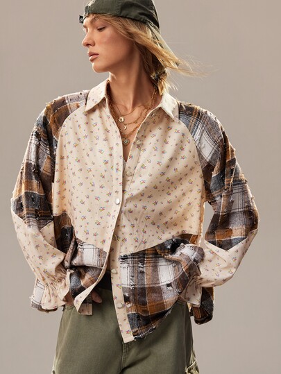 SHEIN Women's Vintage Plaid & Ditsy Floral Turn-Down Collar Single-Breasted Loose Fit Flattering Casual Versatile Shirt