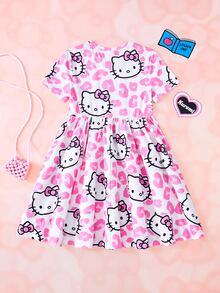 HELLO KITTY AND FRIENDS | SHEIN فستان كاجوال قصير الأكمام بطبعة نمر وحروف للفتيات المراهقات - وردي - مشاهدة 2