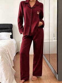 Dream Adore Plaid Print Bear Head Embroidered Patch Pocket Front Button Long Sleeve Long Pants Women's Pajama Set - Red - View 2