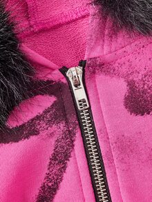 ROMWE Street Life Sweatshirt Crop Top Warna Pink Mawar Gaya Jalanan Hot Girl dengan Cetakan Grafiti Huruf, Kerah Fleece, Panjang Pendek, Set 2 Potong untuk Wanita - Berwarna merah muda - View 9