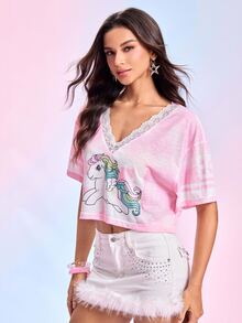 My Little Pony X SHEIN ملابس علوية نسائية كاجوال للارتداء اليومي بتصميم دانتيل مرقع وطبعة كرتونية - وردي - مشاهدة 4
