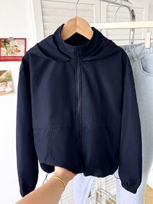 SHEIN 兒童青少年女孩休閒街頭風連帽口袋拉鍊前開襟下擺長袖梭織素色外套秋冬大衣 - 藏蓝色 - 查看 7