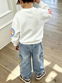 2件組小男孩圓領運動衫與工裝褲套裝，圖案印花上衣套裝，街頭風，適合假日派對，舒適休閒，春夏秋季穿著，柔軟舒適，男嬰首選，時尚休閒穿著，街頭服飾，外出穿搭 - 彩色 - 查看 2