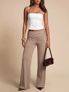 Bluhae Celana Panjang Wanita Khaki Musim Gugur yang Modis, Elegan, Pas Badan, dengan Hiasan Renda - Khaki - View 3