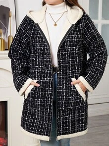 SHEIN Clasi 大尺碼女款格紋圖案簡約百搭拉鍊保暖內裡連帽夾克 - 黑色 - 查看 3
