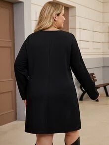 EMERY ROSE Plus Size Women Minimalist Retro Commute Style Textured Patchwork Ant Fabric Dress, Suitable For Christmas Outfit, Daily Commute, Casual Shopping, Light Party Wear - Black - View 2