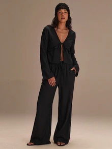 Athîral Women's Tie-Front Ruffle Long Sleeve Top & Solid Color Pants Two Pieces Set - Black - View 3