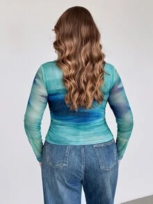 Auralis Round Neck Long Sleeve Tie Dye Pleated Transparent Printed T-Shirt - Multicolor - View 2
