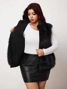 Enliva Plus Size Women's Reversible Vest Jacket Zip Front Sleeveless Faux Fur Warm Outerwear With Side Patch Pockets Flattering Compatible With Apple Shape Rounded Body - Black - View 9