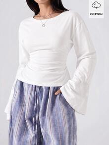 LYSMO Plus Size Women Solid Color Bell Sleeve Round Neck Waist Cinched Casual Cargo T-Shirt Fall Brunch Birthday All White - White - View 2