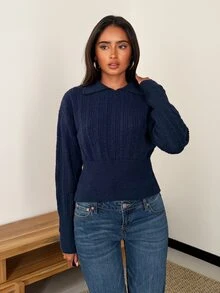 SHEIN Glamour Women's Solid Color Casual Versatile Daily Wear Knit Top - Navy Blue - View 6