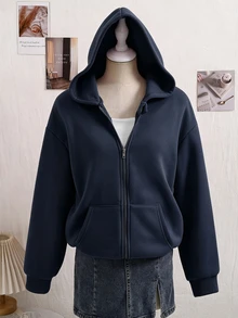 SHEIN 秋冬女款連帽拉鍊外套－街頭風休閒基本款，保暖針織面料，微寬鬆版型，校園街頭風，度假海軍藍 - 藏蓝色 - 查看 3