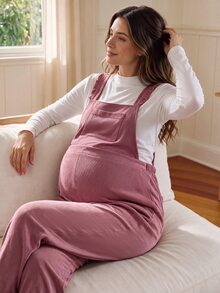 SHEIN Maternity Corduroy Pink Straight Leg Overalls With Wide Strap Frill Trim Front Pockets Adjustable Back Buckles Cute Loose Fit Casual Fall - Pink - View 8