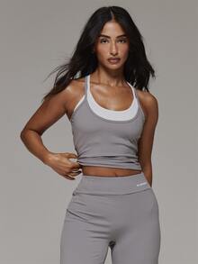 Musera Sport Contrast Colour Double Layered Logo Back Fitted Soft Touch Active Cami Top Sport Essentials Basics Gym Workout Autumn Fall Winter - Dark Grey - View 2