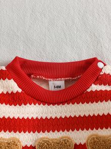 SHEIN Playful Pals 2件組新生兒男嬰女嬰衛衣＋長褲套裝，可愛紅白條紋熊貼布，長袖圓領加厚款，聖誕冬季節日，羅紋袖口 - 紅色 - 查看 6
