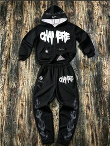 SHEIN 兒童 2 件組青少年男孩街頭創意字母圖案連帽拉鍊運動衫與運動長褲，適合秋冬、學校、家庭聚會、返校、運動、玩耍、生日派對、攝影、度假、假期 - 黑色 - 查看 2