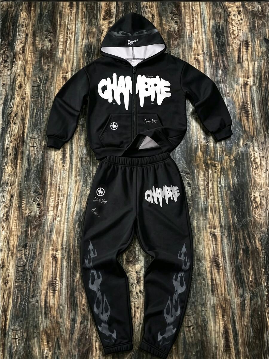 SHEIN 兒童 2 件組青少年男孩街頭創意字母圖案連帽拉鍊運動衫與運動長褲，適合秋冬、學校、家庭聚會、返校、運動、玩耍、生日派對、攝影、度假、假期